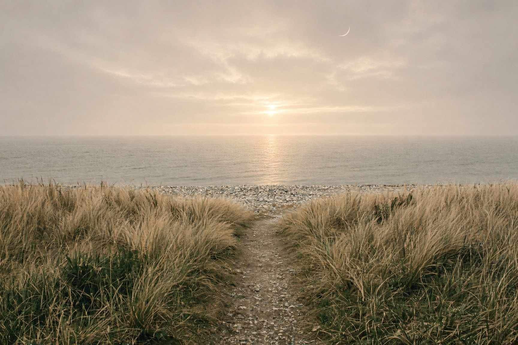 An empty path through pale grass toward a misty sea